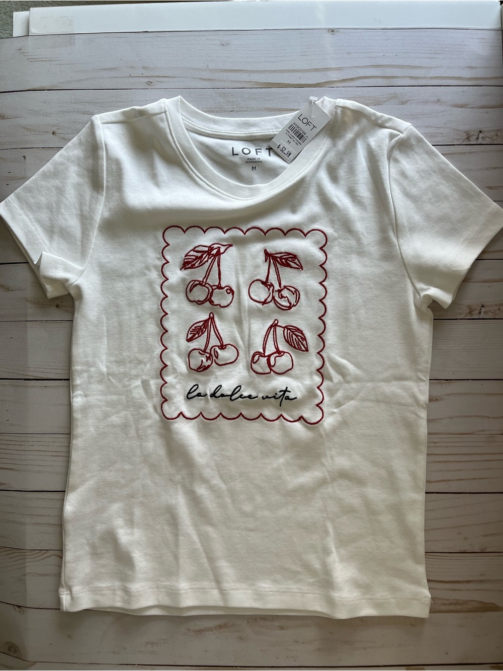 LOFT Women’s La Dolce Vita Tee — White Short-Sleeve Tee - Red Cherry Embroidery